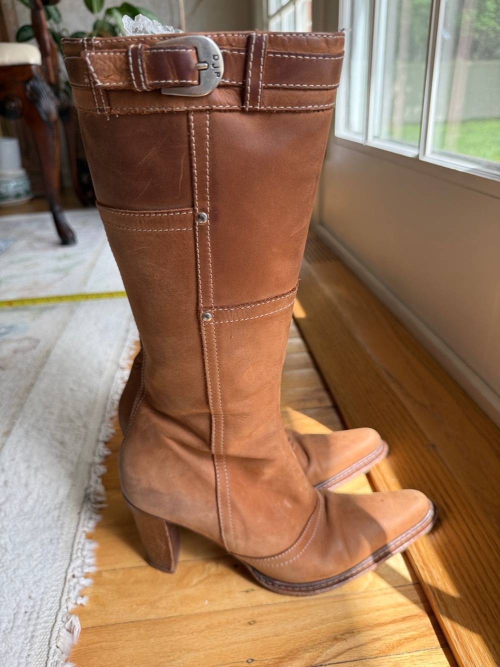 Donald J. Pliner  western style Camel Tan vintage Leather Knee-High Heeled Boots